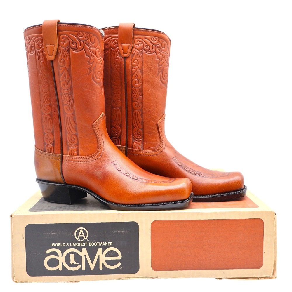 Acme Vintage Western Boots Kids 4.5D Tan Leather Square Toe Cowboy 2418 USA Made